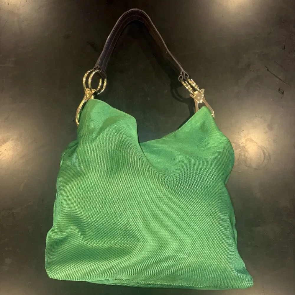 JPK Paris 75 Green Hobo Bucket Shoulder Tote Bag Women's Nylon Leather Strap